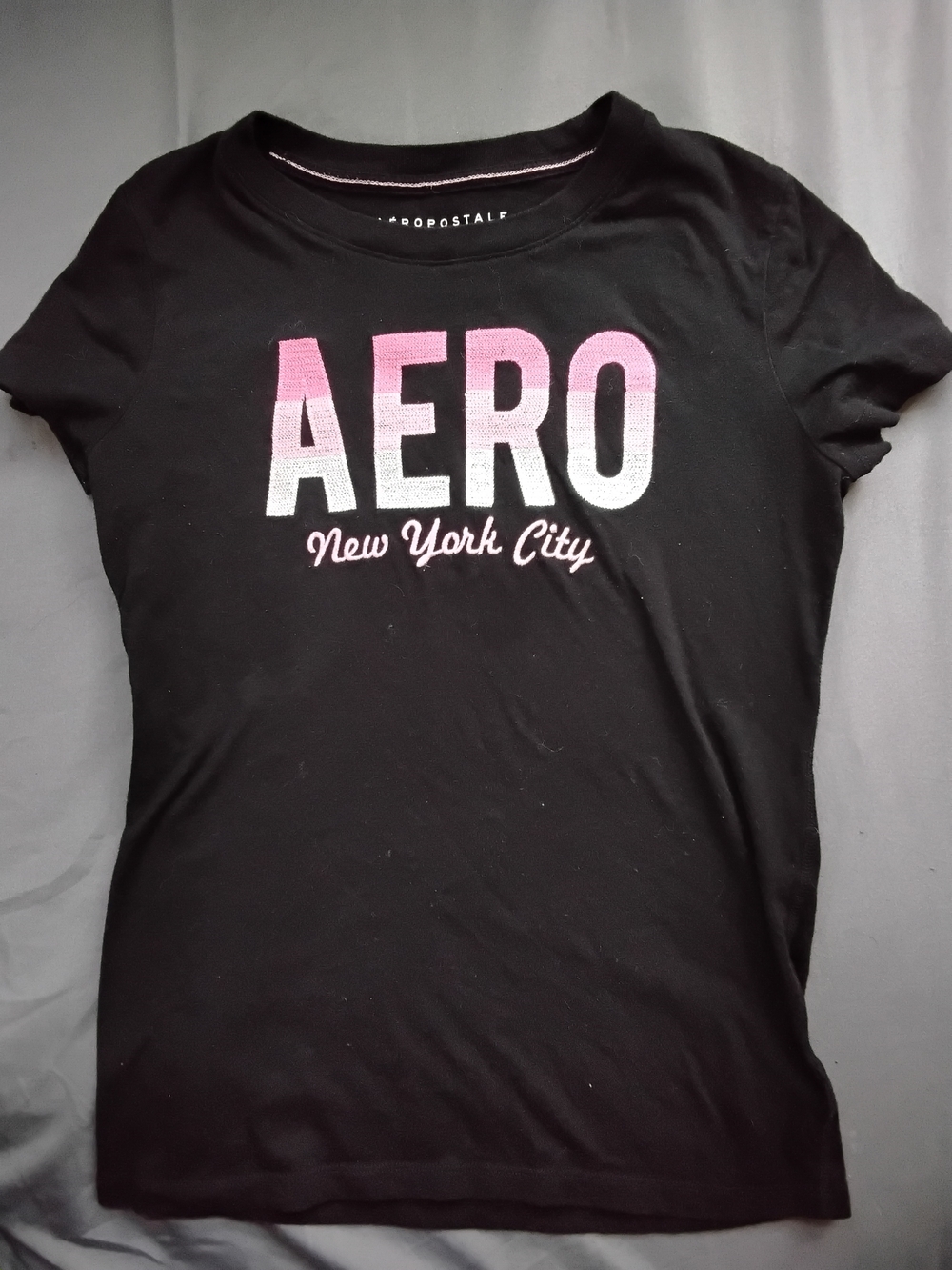 Aeropostale Black Tee with Pink-to-White Ombre AERO Logo